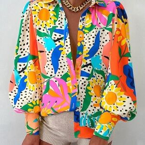 Amazon Orange and Pink Button Down Blouse with Puff Sleeves and Notched Collar